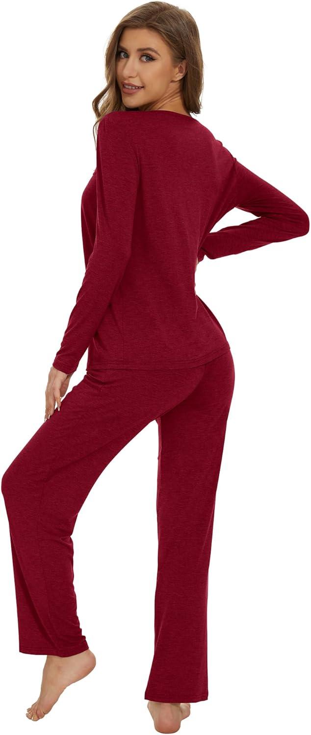 imageWiWi Womens Pajamas Set Sleepwear Loungewear Long Sleeve Pajama Sets Soft Pjs Viscose from Bamboo 2 Piece PJ SXXLBwine Red
