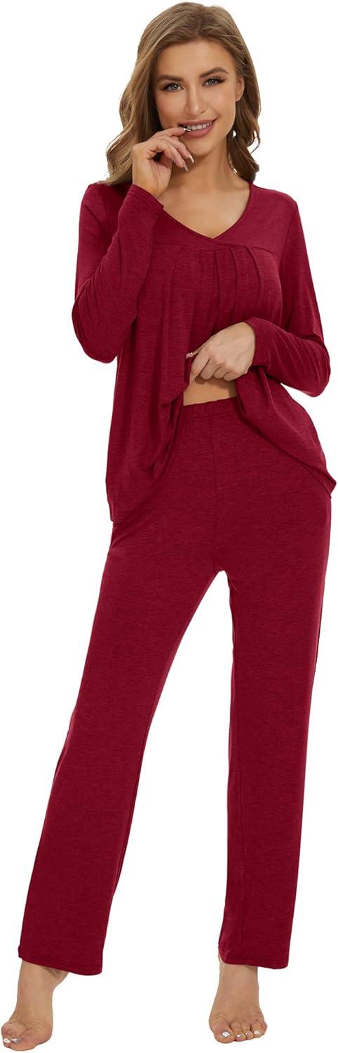 imageWiWi Womens Pajamas Set Sleepwear Loungewear Long Sleeve Pajama Sets Soft Pjs Viscose from Bamboo 2 Piece PJ SXXLBwine Red