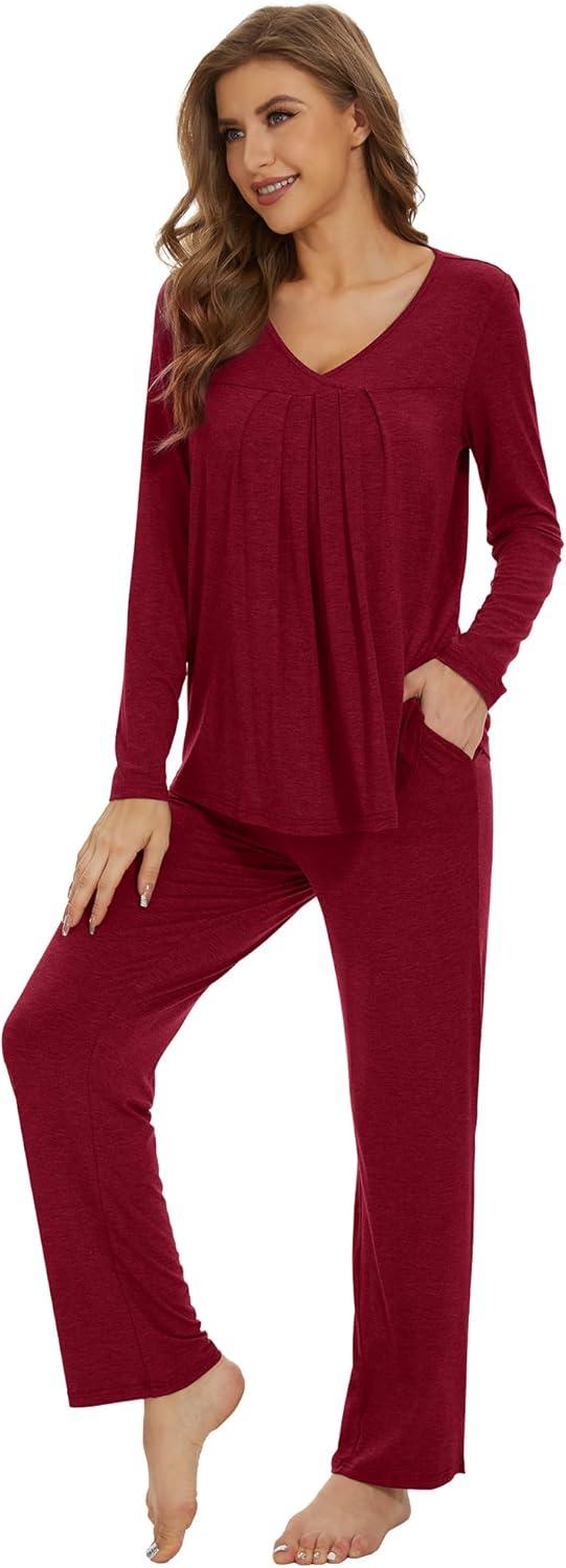 imageWiWi Womens Pajamas Set Sleepwear Loungewear Long Sleeve Pajama Sets Soft Pjs Viscose from Bamboo 2 Piece PJ SXXLBwine Red