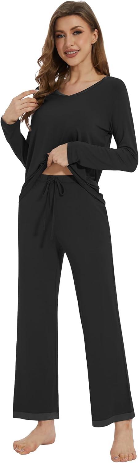 imageWiWi Womens Pajamas Set Sleepwear Loungewear Long Sleeve Pajama Sets Soft Pjs Viscose from Bamboo 2 Piece PJ SXXLCblack