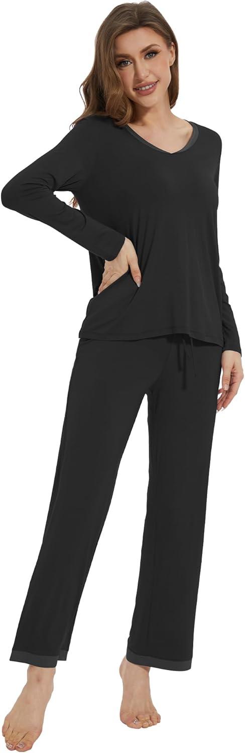 imageWiWi Womens Pajamas Set Sleepwear Loungewear Long Sleeve Pajama Sets Soft Pjs Viscose from Bamboo 2 Piece PJ SXXLCblack