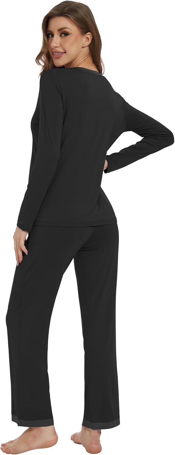 imageWiWi Womens Pajamas Set Sleepwear Loungewear Long Sleeve Pajama Sets Soft Pjs Viscose from Bamboo 2 Piece PJ SXXLCblack