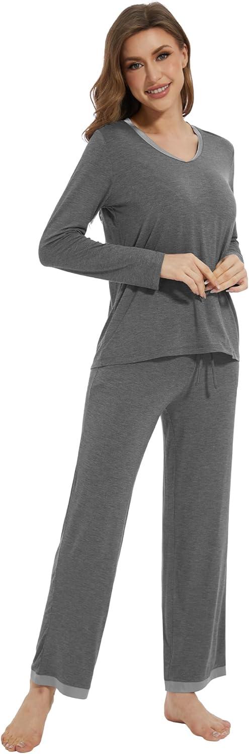 imageWiWi Womens Pajamas Set Sleepwear Loungewear Long Sleeve Pajama Sets Soft Pjs Viscose from Bamboo 2 Piece PJ SXXLCdark Heather Grey