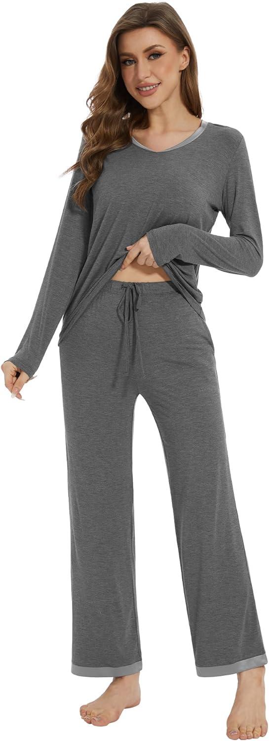 imageWiWi Womens Pajamas Set Sleepwear Loungewear Long Sleeve Pajama Sets Soft Pjs Viscose from Bamboo 2 Piece PJ SXXLCdark Heather Grey
