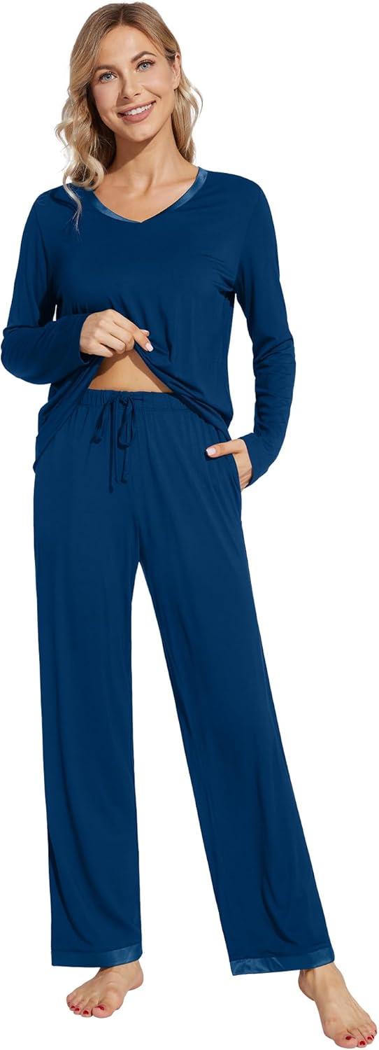 imageWiWi Womens Pajamas Set Sleepwear Loungewear Long Sleeve Pajama Sets Soft Pjs Viscose from Bamboo 2 Piece PJ SXXLCink Blue