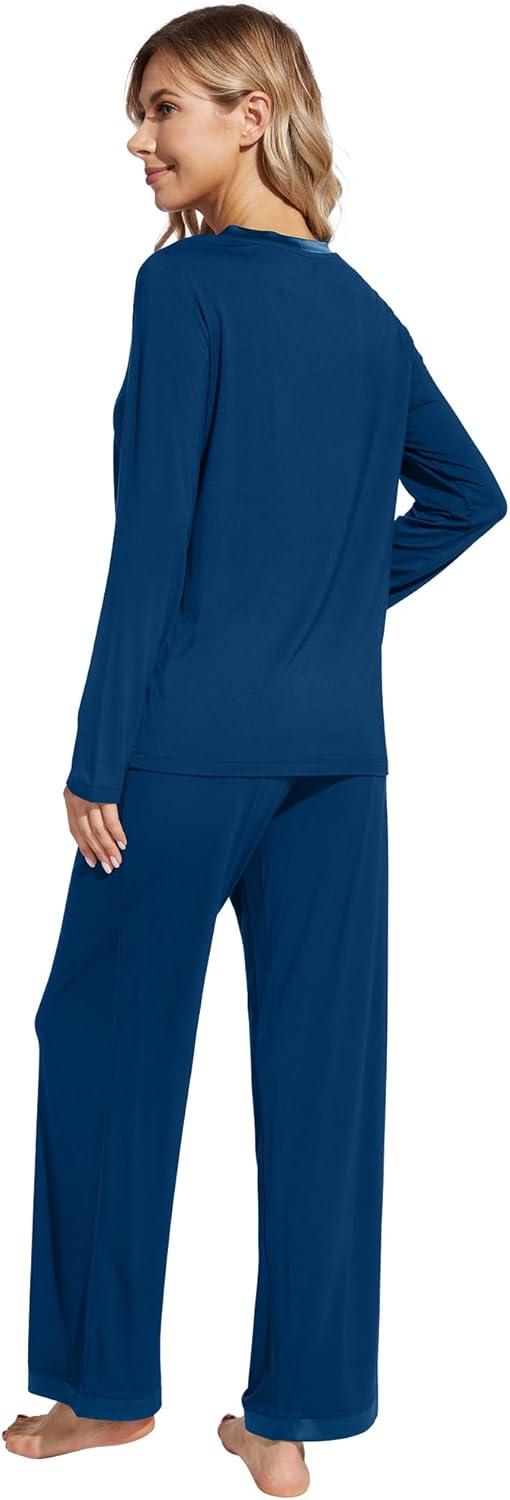 imageWiWi Womens Pajamas Set Sleepwear Loungewear Long Sleeve Pajama Sets Soft Pjs Viscose from Bamboo 2 Piece PJ SXXLCink Blue
