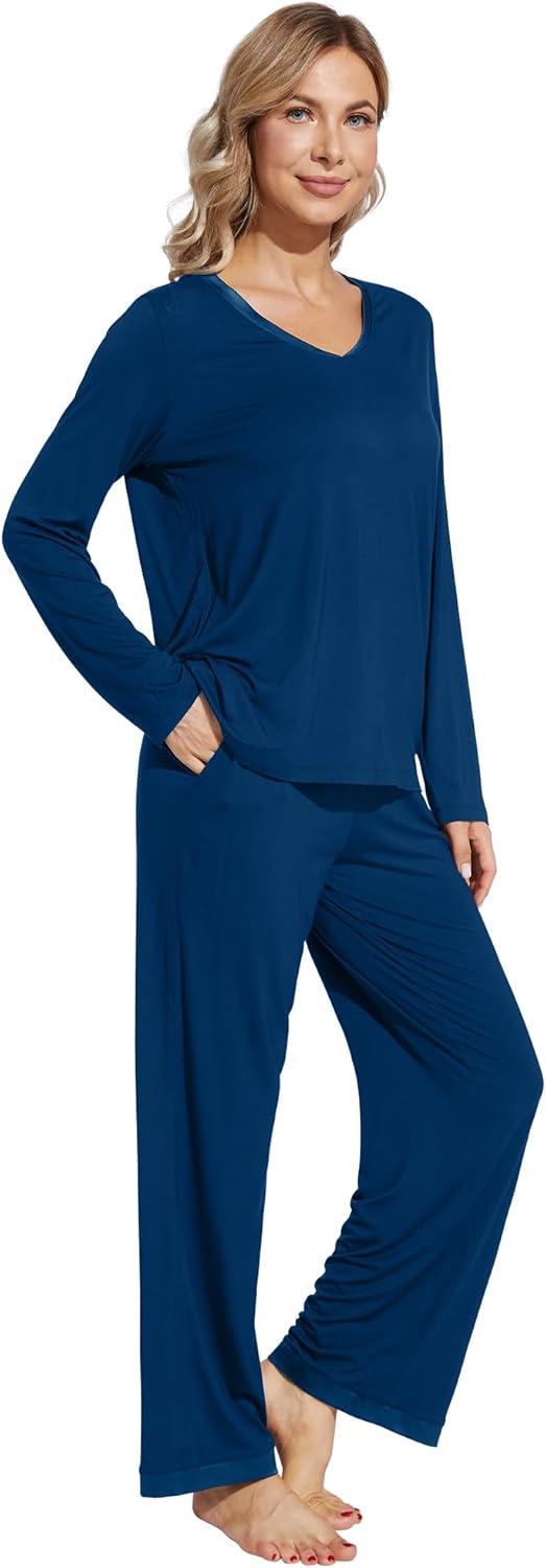imageWiWi Womens Pajamas Set Sleepwear Loungewear Long Sleeve Pajama Sets Soft Pjs Viscose from Bamboo 2 Piece PJ SXXLCink Blue