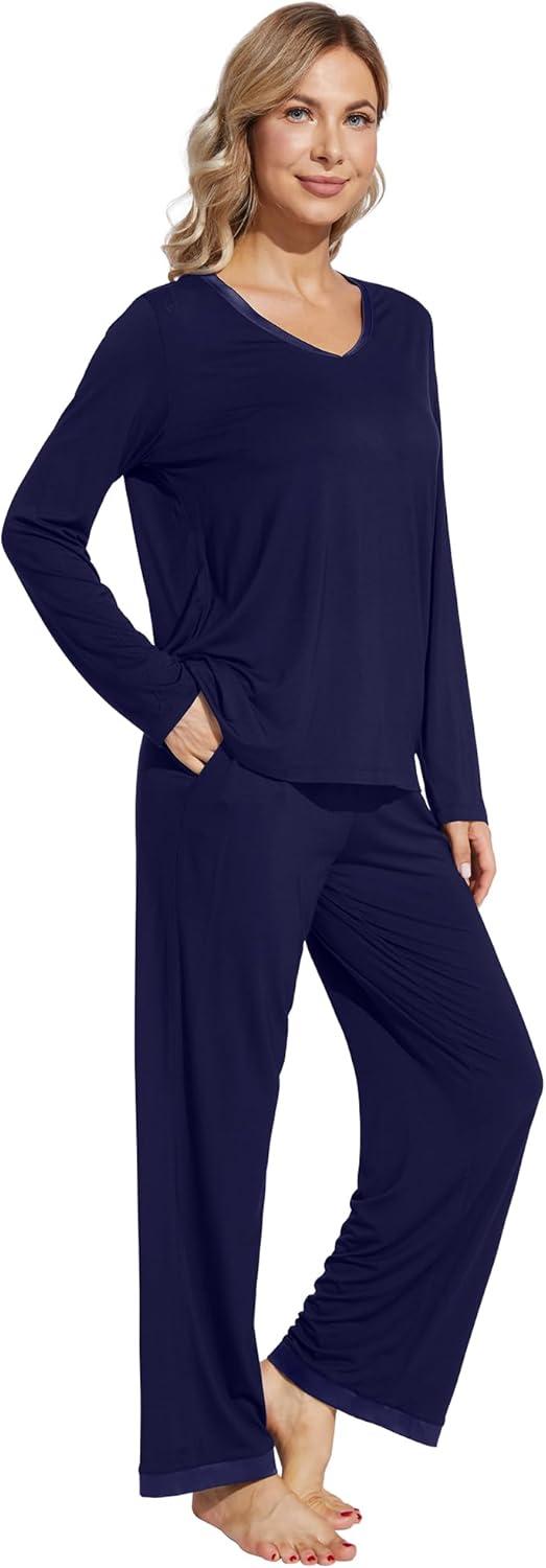 imageWiWi Womens Pajamas Set Sleepwear Loungewear Long Sleeve Pajama Sets Soft Pjs Viscose from Bamboo 2 Piece PJ SXXLCnavy
