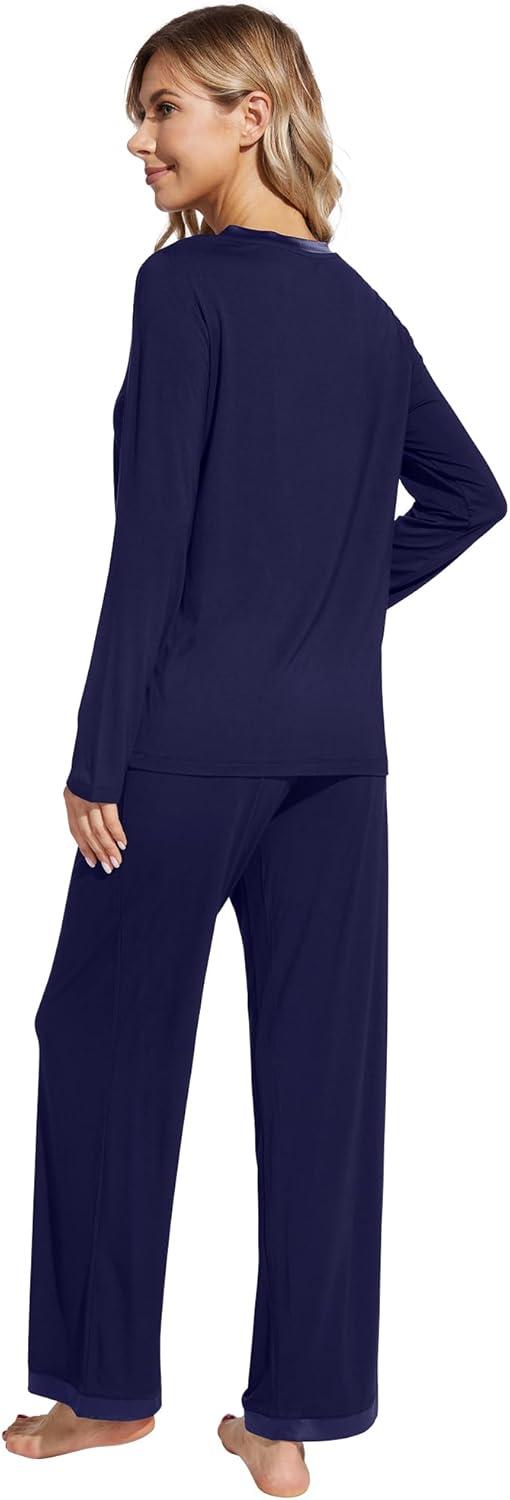 imageWiWi Womens Pajamas Set Sleepwear Loungewear Long Sleeve Pajama Sets Soft Pjs Viscose from Bamboo 2 Piece PJ SXXLCnavy