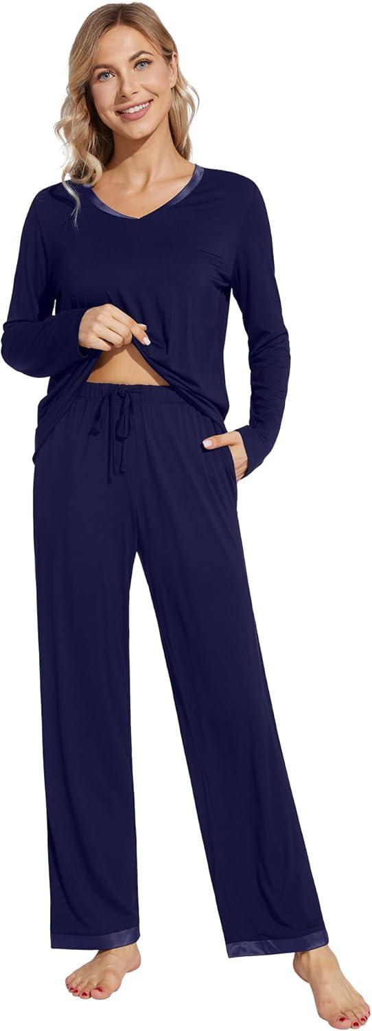 imageWiWi Womens Pajamas Set Sleepwear Loungewear Long Sleeve Pajama Sets Soft Pjs Viscose from Bamboo 2 Piece PJ SXXLCnavy
