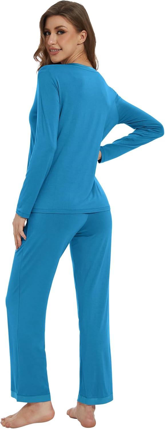imageWiWi Womens Pajamas Set Sleepwear Loungewear Long Sleeve Pajama Sets Soft Pjs Viscose from Bamboo 2 Piece PJ SXXLCteal Blue