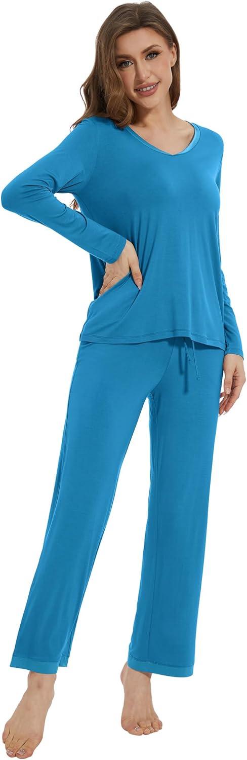 imageWiWi Womens Pajamas Set Sleepwear Loungewear Long Sleeve Pajama Sets Soft Pjs Viscose from Bamboo 2 Piece PJ SXXLCteal Blue
