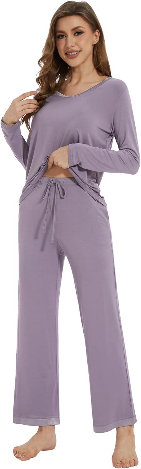 imageWiWi Womens Pajamas Set Sleepwear Loungewear Long Sleeve Pajama Sets Soft Pjs Viscose from Bamboo 2 Piece PJ SXXLCviolet