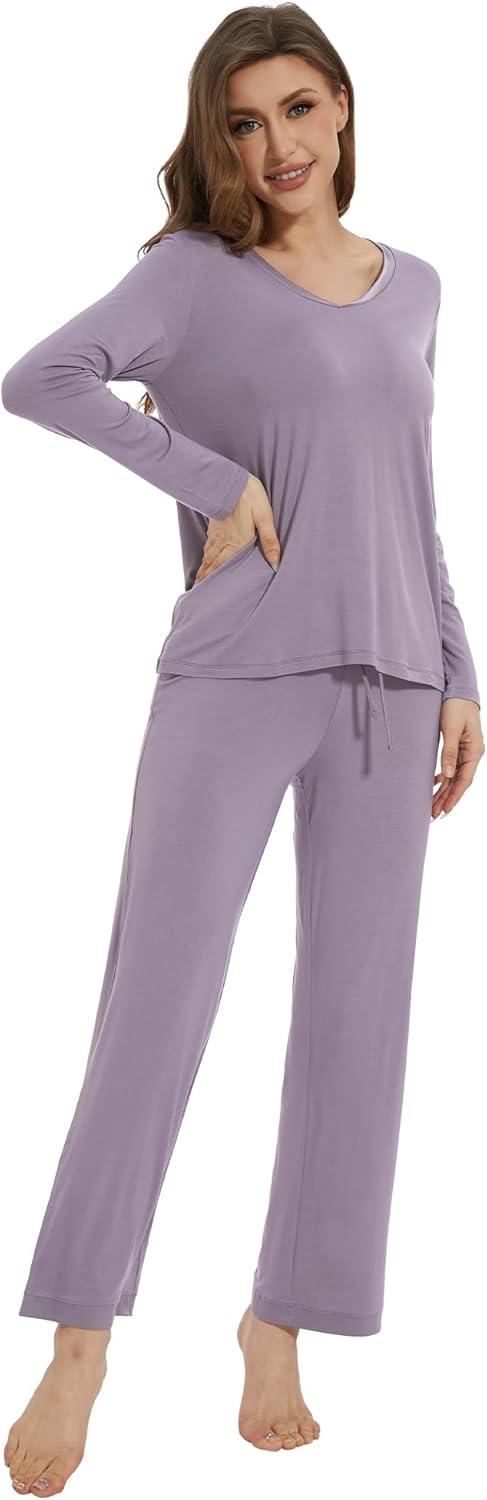 imageWiWi Womens Pajamas Set Sleepwear Loungewear Long Sleeve Pajama Sets Soft Pjs Viscose from Bamboo 2 Piece PJ SXXLCviolet