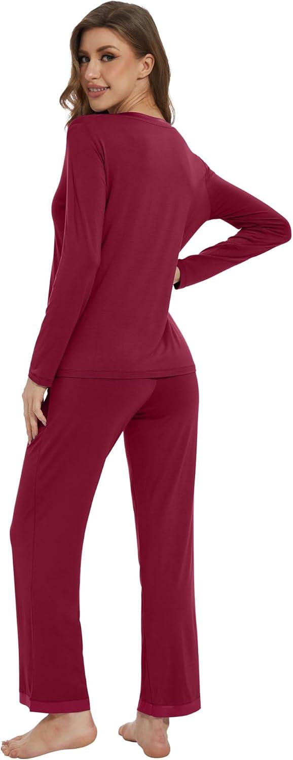 imageWiWi Womens Pajamas Set Sleepwear Loungewear Long Sleeve Pajama Sets Soft Pjs Viscose from Bamboo 2 Piece PJ SXXLCwine