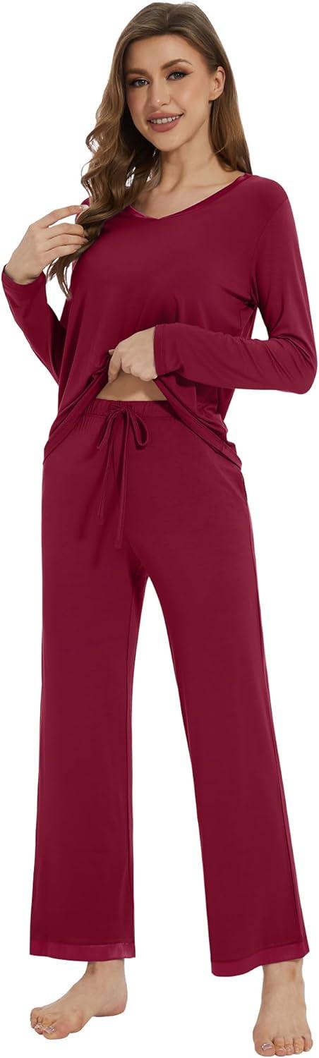 imageWiWi Womens Pajamas Set Sleepwear Loungewear Long Sleeve Pajama Sets Soft Pjs Viscose from Bamboo 2 Piece PJ SXXLCwine