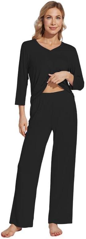 imageWiWi Womens Pajamas Set Sleepwear Loungewear Long Sleeve Pajama Sets Soft Pjs Viscose from Bamboo 2 Piece PJ SXXLDblack