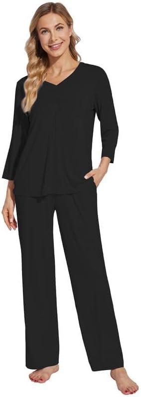 imageWiWi Womens Pajamas Set Sleepwear Loungewear Long Sleeve Pajama Sets Soft Pjs Viscose from Bamboo 2 Piece PJ SXXLDblack
