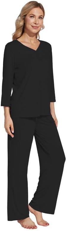 imageWiWi Womens Pajamas Set Sleepwear Loungewear Long Sleeve Pajama Sets Soft Pjs Viscose from Bamboo 2 Piece PJ SXXLDblack