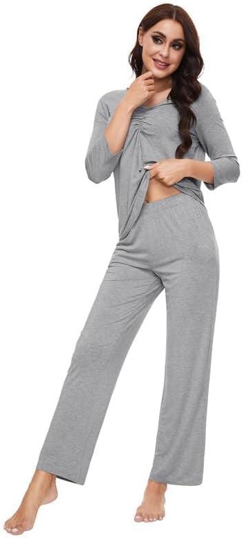 imageWiWi Womens Pajamas Set Sleepwear Loungewear Long Sleeve Pajama Sets Soft Pjs Viscose from Bamboo 2 Piece PJ SXXLDheather Grey