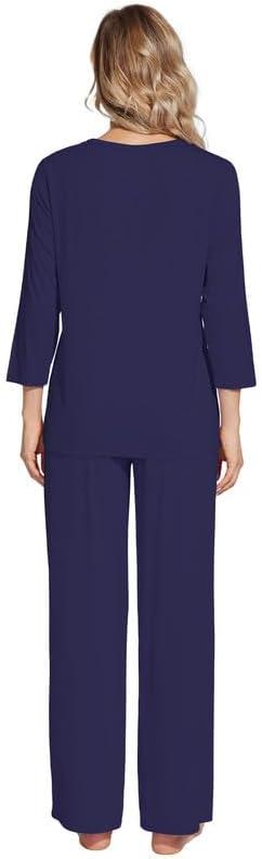 imageWiWi Womens Pajamas Set Sleepwear Loungewear Long Sleeve Pajama Sets Soft Pjs Viscose from Bamboo 2 Piece PJ SXXLDnavy