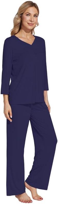 imageWiWi Womens Pajamas Set Sleepwear Loungewear Long Sleeve Pajama Sets Soft Pjs Viscose from Bamboo 2 Piece PJ SXXLDnavy