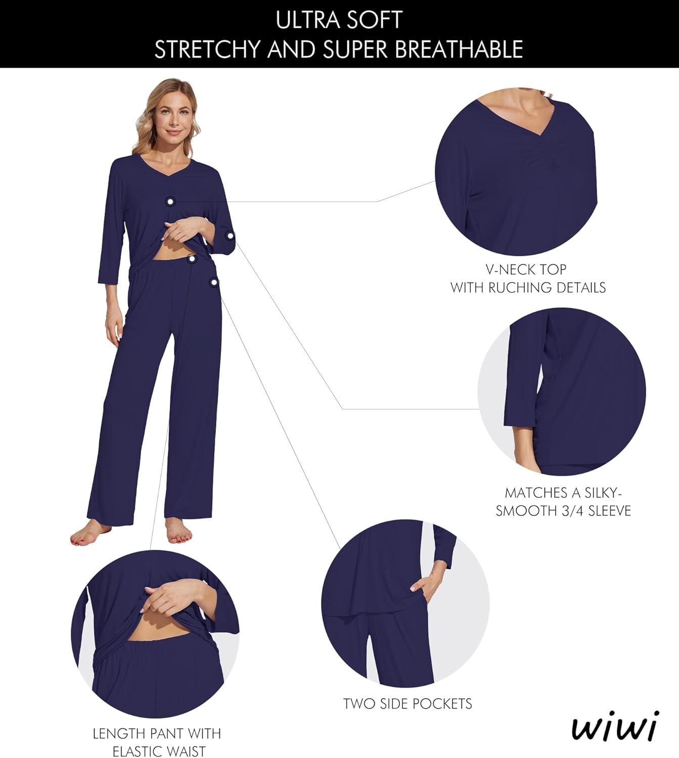 imageWiWi Womens Pajamas Set Sleepwear Loungewear Long Sleeve Pajama Sets Soft Pjs Viscose from Bamboo 2 Piece PJ SXXLDnavy