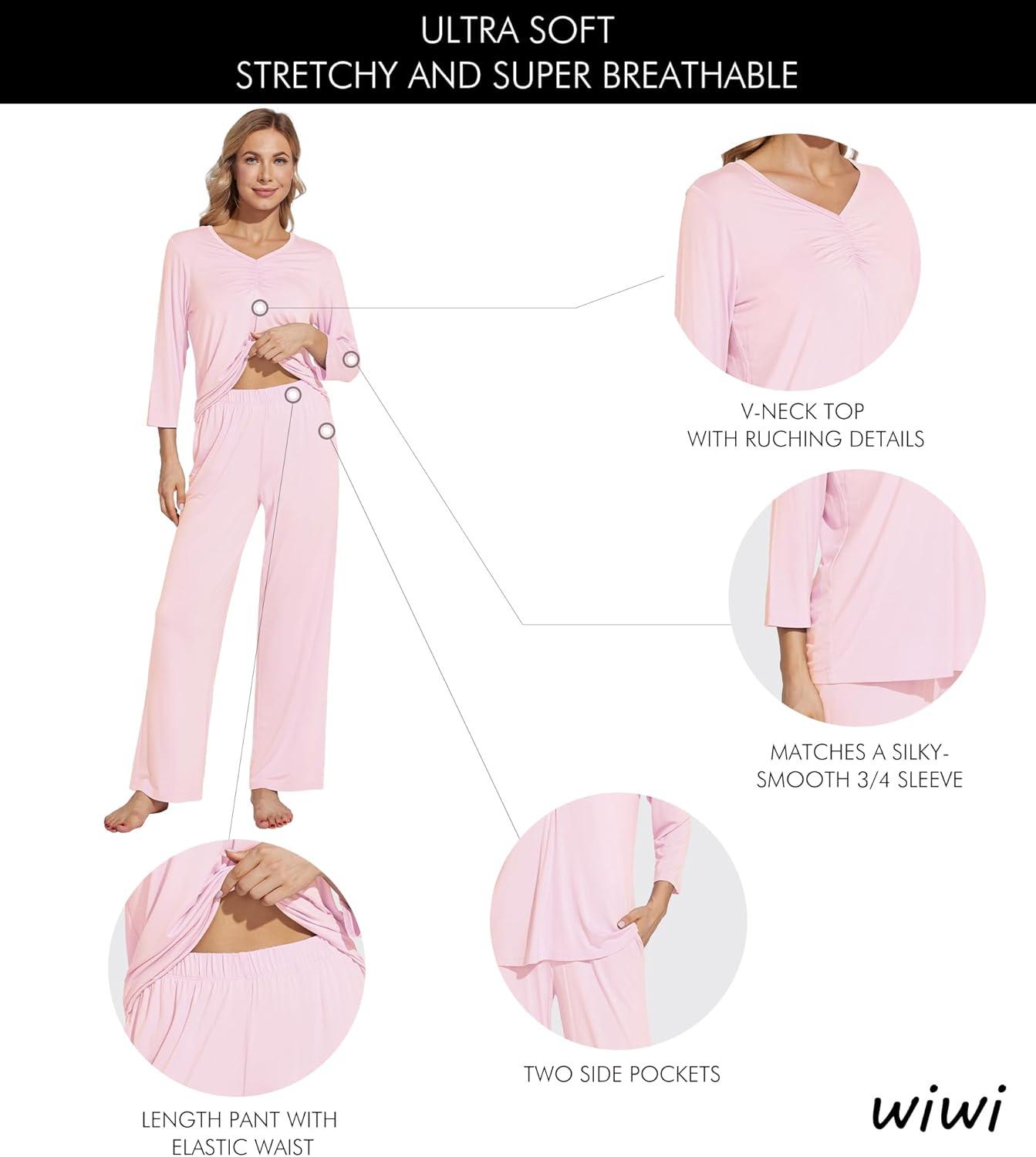 imageWiWi Womens Pajamas Set Sleepwear Loungewear Long Sleeve Pajama Sets Soft Pjs Viscose from Bamboo 2 Piece PJ SXXLDpink