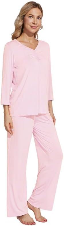 imageWiWi Womens Pajamas Set Sleepwear Loungewear Long Sleeve Pajama Sets Soft Pjs Viscose from Bamboo 2 Piece PJ SXXLDpink