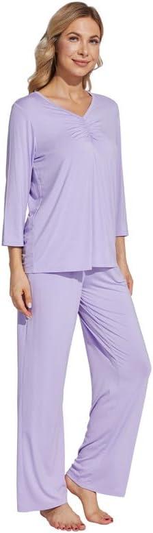 imageWiWi Womens Pajamas Set Sleepwear Loungewear Long Sleeve Pajama Sets Soft Pjs Viscose from Bamboo 2 Piece PJ SXXLDtaro Purple