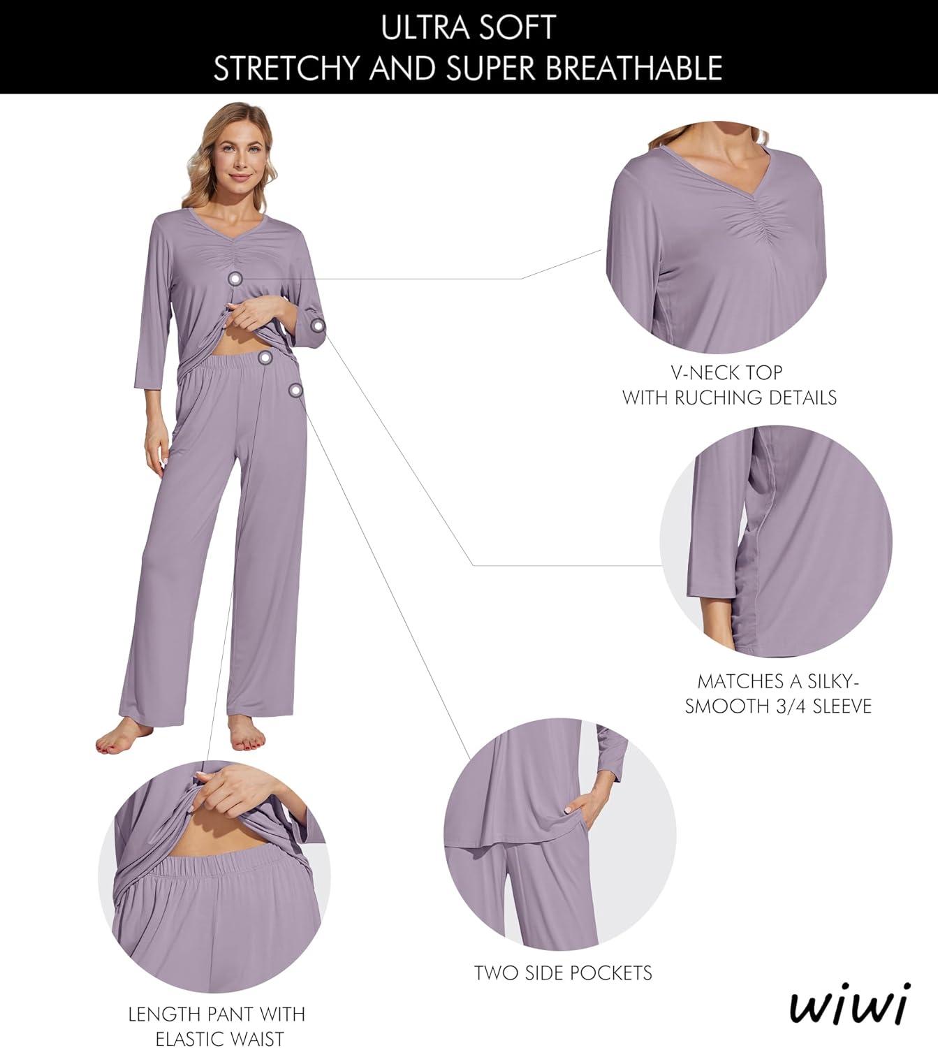 imageWiWi Womens Pajamas Set Sleepwear Loungewear Long Sleeve Pajama Sets Soft Pjs Viscose from Bamboo 2 Piece PJ SXXLDviolet