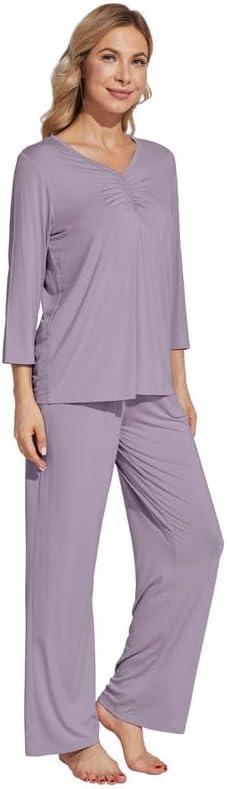 imageWiWi Womens Pajamas Set Sleepwear Loungewear Long Sleeve Pajama Sets Soft Pjs Viscose from Bamboo 2 Piece PJ SXXLDviolet
