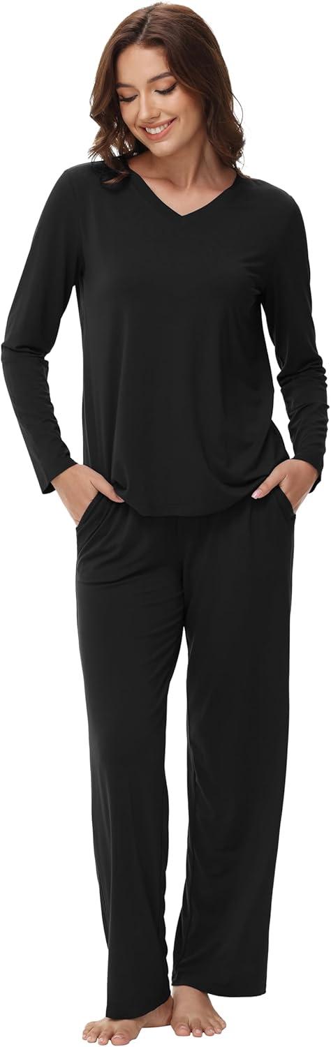 imageWiWi Womens Pajamas Set with Long Sleeve and Pants Soft Loungewear Comfortable Sleepwear Viscose from Bamboo SXXLBlack