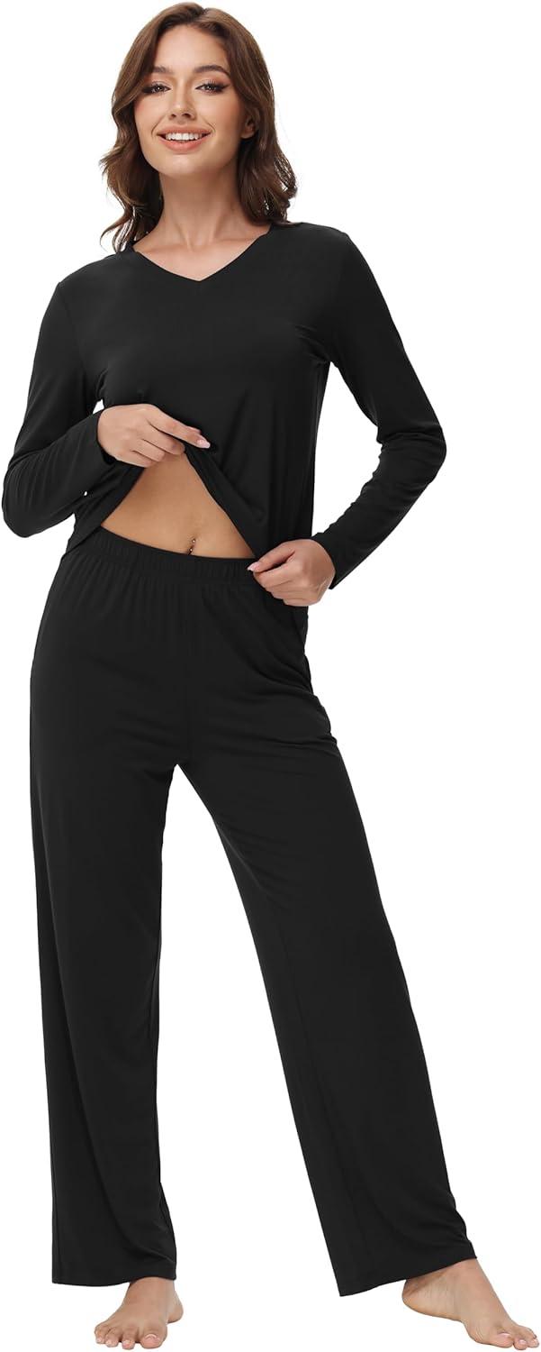 imageWiWi Womens Pajamas Set with Long Sleeve and Pants Soft Loungewear Comfortable Sleepwear Viscose from Bamboo SXXLBlack