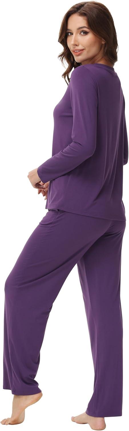 imageWiWi Womens Pajamas Set with Long Sleeve and Pants Soft Loungewear Comfortable Sleepwear Viscose from Bamboo SXXLDark Purple