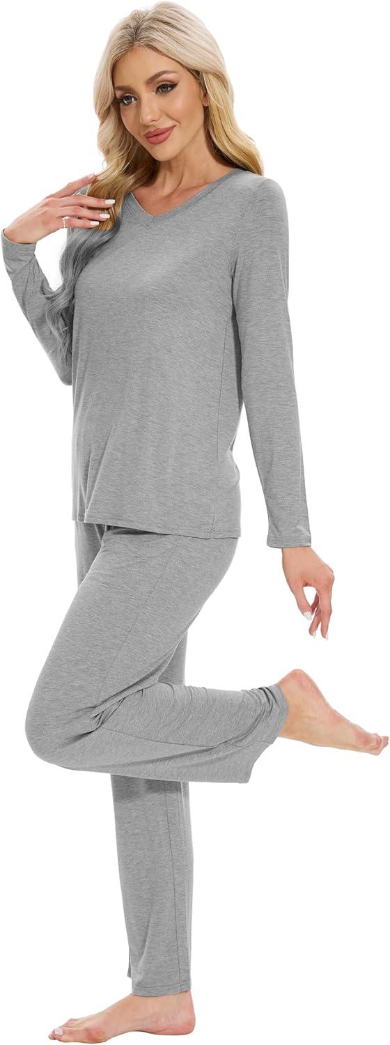 imageWiWi Womens Pajamas Set with Long Sleeve and Pants Soft Loungewear Comfortable Sleepwear Viscose from Bamboo SXXLHeather Grey