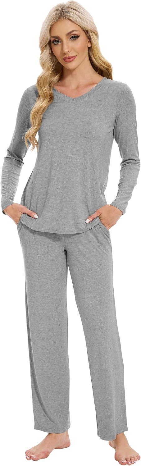 imageWiWi Womens Pajamas Set with Long Sleeve and Pants Soft Loungewear Comfortable Sleepwear Viscose from Bamboo SXXLHeather Grey