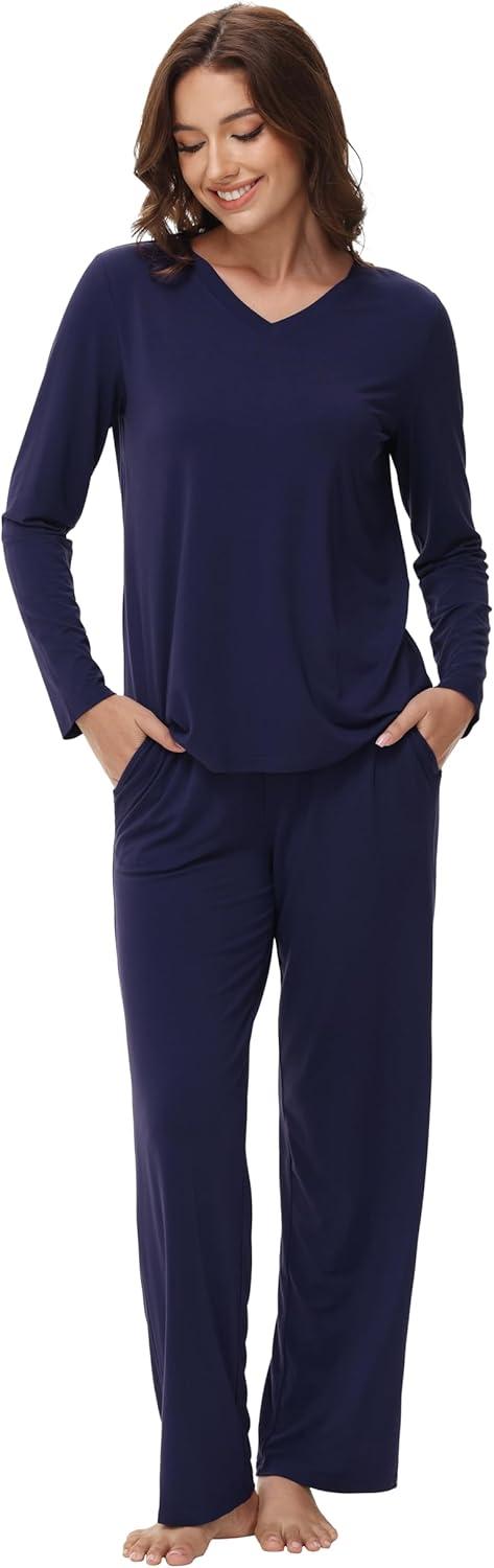 imageWiWi Womens Pajamas Set with Long Sleeve and Pants Soft Loungewear Comfortable Sleepwear Viscose from Bamboo SXXLNavy