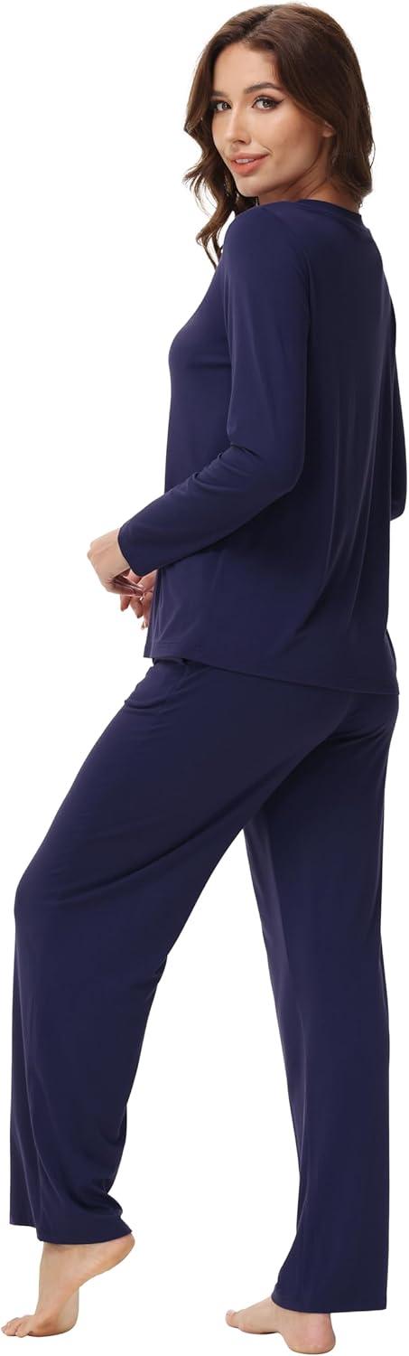imageWiWi Womens Pajamas Set with Long Sleeve and Pants Soft Loungewear Comfortable Sleepwear Viscose from Bamboo SXXLNavy