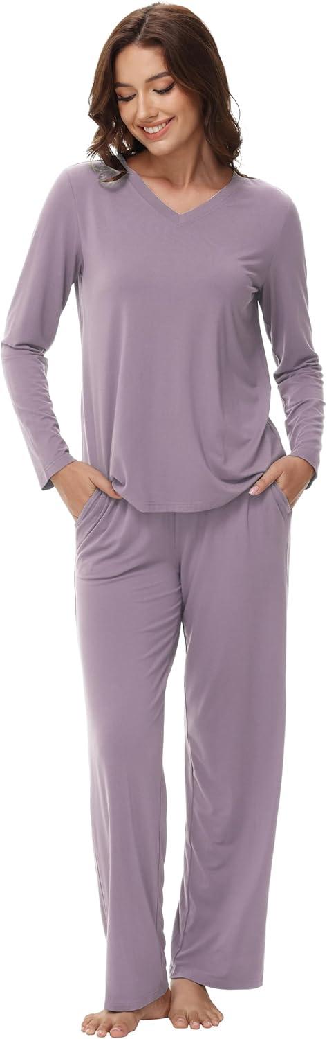 imageWiWi Womens Pajamas Set with Long Sleeve and Pants Soft Loungewear Comfortable Sleepwear Viscose from Bamboo SXXLViolet