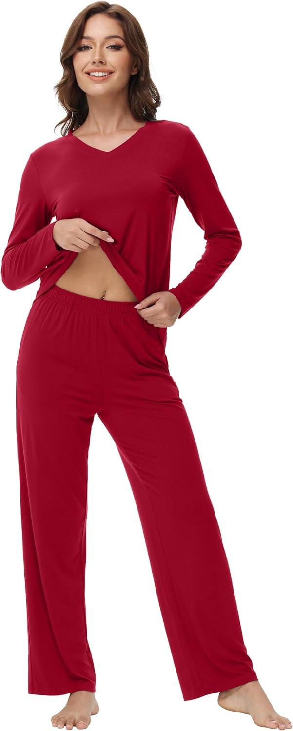 imageWiWi Womens Pajamas Set with Long Sleeve and Pants Soft Loungewear Comfortable Sleepwear Viscose from Bamboo SXXLWine Red