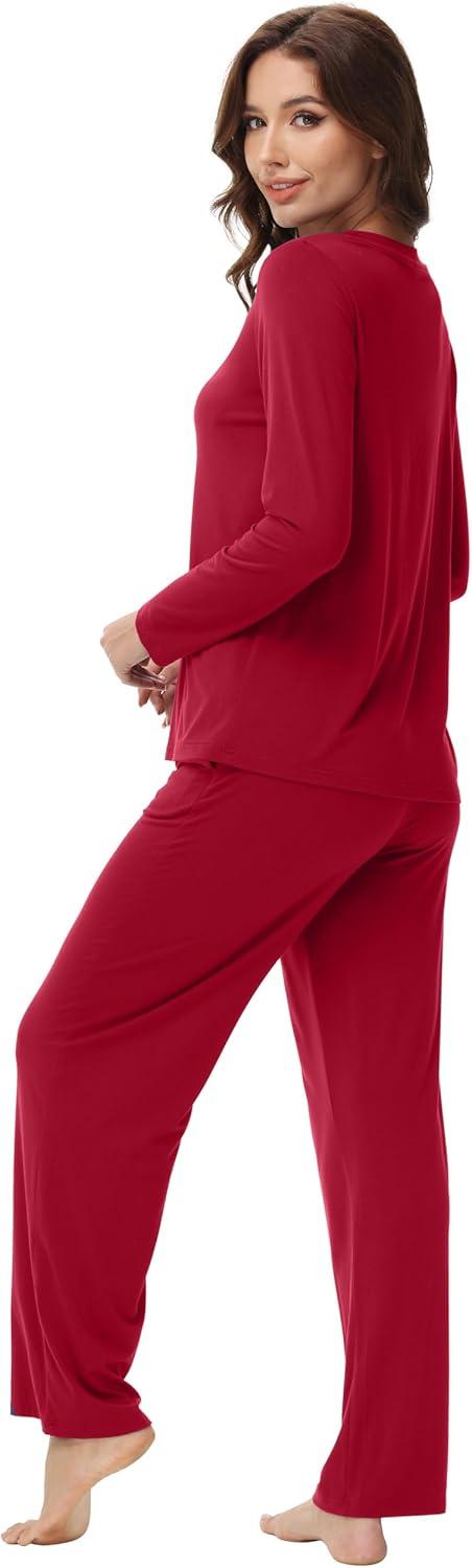 imageWiWi Womens Pajamas Set with Long Sleeve and Pants Soft Loungewear Comfortable Sleepwear Viscose from Bamboo SXXLWine Red