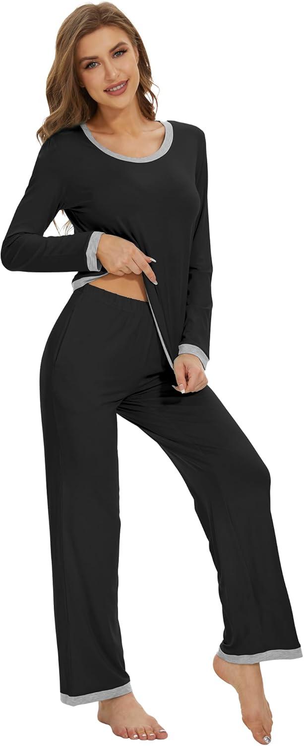 imageWiWi Womens Viscose from Bamboo Pajama Sets Soft Long Sleeves Top with Pants Loose 2 Pieces Loungewear Set SXXLAblack
