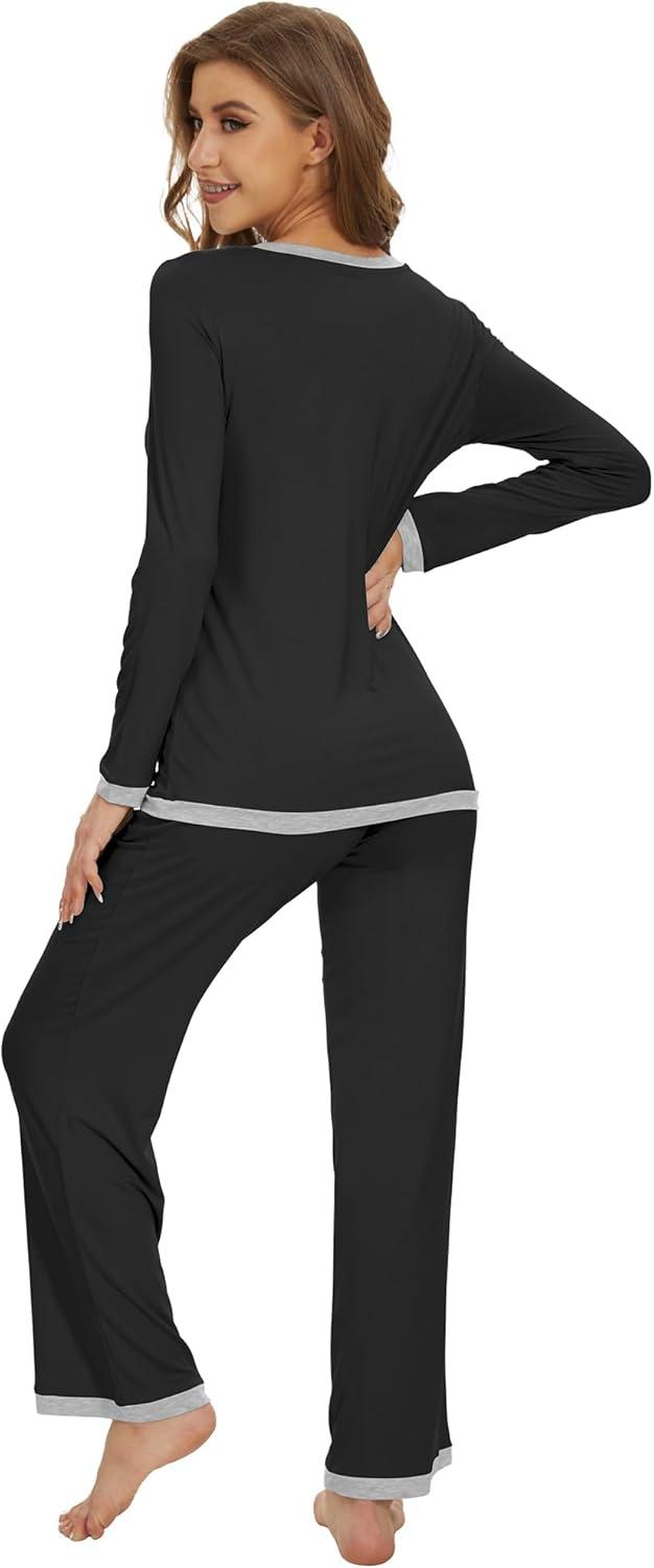 imageWiWi Womens Viscose from Bamboo Pajama Sets Soft Long Sleeves Top with Pants Loose 2 Pieces Loungewear Set SXXLAblack