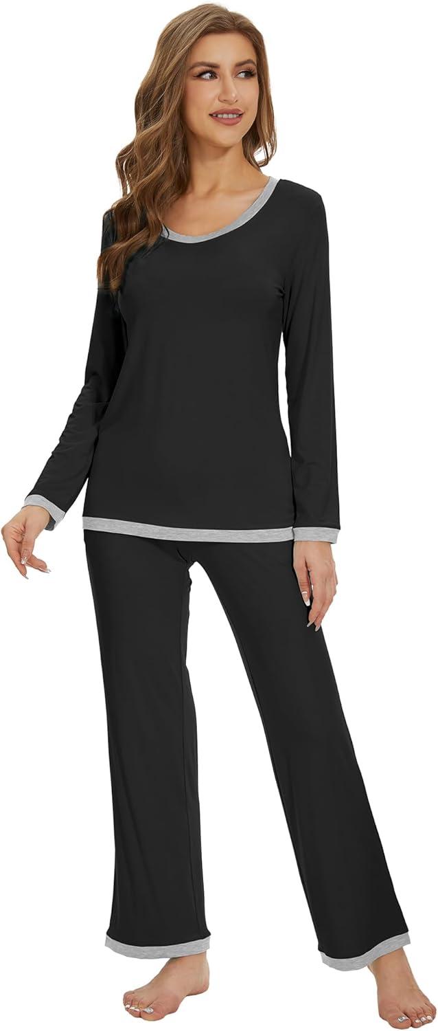 imageWiWi Womens Viscose from Bamboo Pajama Sets Soft Long Sleeves Top with Pants Loose 2 Pieces Loungewear Set SXXLAblack