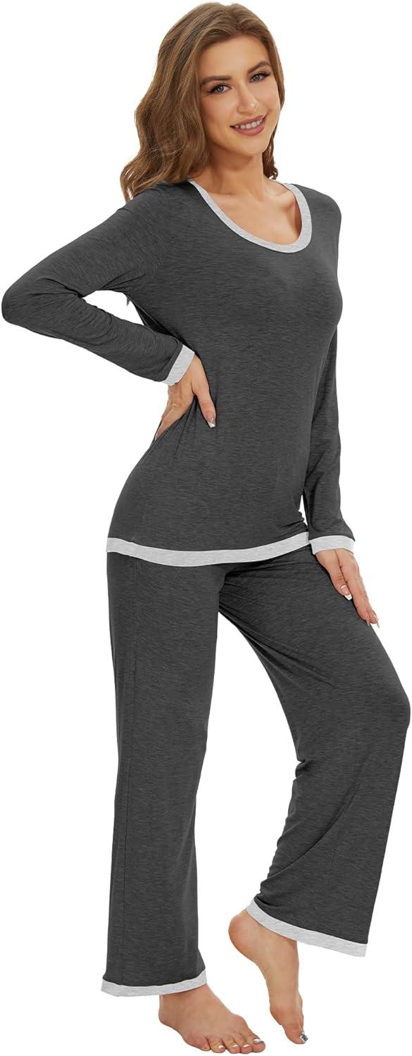 imageWiWi Womens Viscose from Bamboo Pajama Sets Soft Long Sleeves Top with Pants Loose 2 Pieces Loungewear Set SXXLAcharcoal Heather