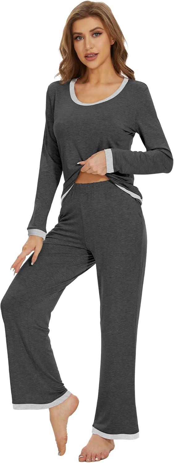 imageWiWi Womens Viscose from Bamboo Pajama Sets Soft Long Sleeves Top with Pants Loose 2 Pieces Loungewear Set SXXLAcharcoal Heather