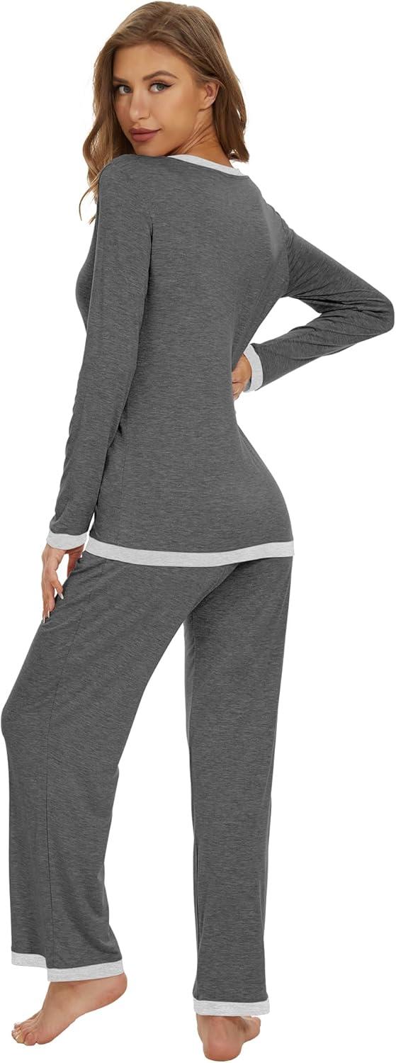imageWiWi Womens Viscose from Bamboo Pajama Sets Soft Long Sleeves Top with Pants Loose 2 Pieces Loungewear Set SXXLAdark Heather Grey