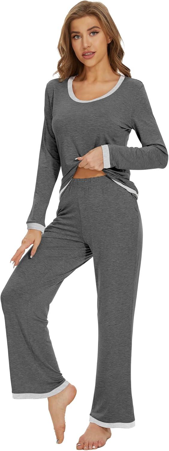 imageWiWi Womens Viscose from Bamboo Pajama Sets Soft Long Sleeves Top with Pants Loose 2 Pieces Loungewear Set SXXLAdark Heather Grey