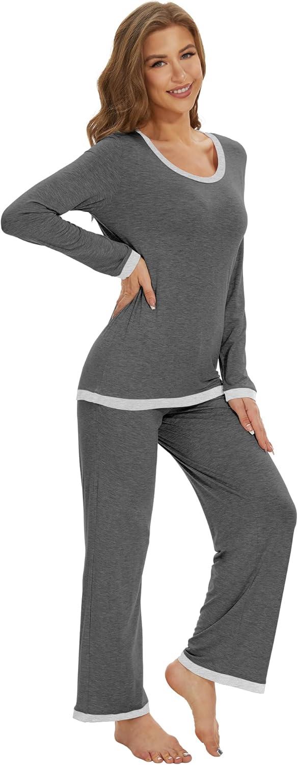 imageWiWi Womens Viscose from Bamboo Pajama Sets Soft Long Sleeves Top with Pants Loose 2 Pieces Loungewear Set SXXLAdark Heather Grey